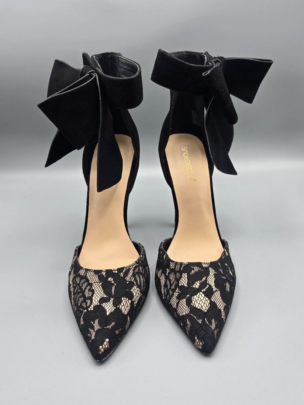 ShoeDazzle Lacella Black Lace Nude Bow Ankle Strap Pumps Heels Women's Size 10 - Picture 2 of 8